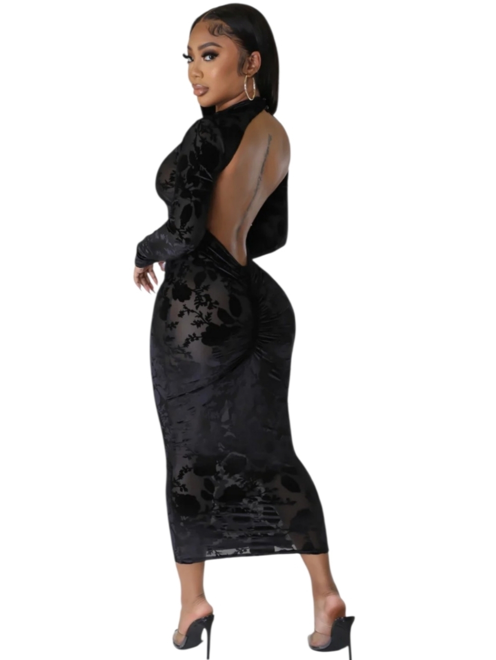 Black Mesh Open back Midi Dress